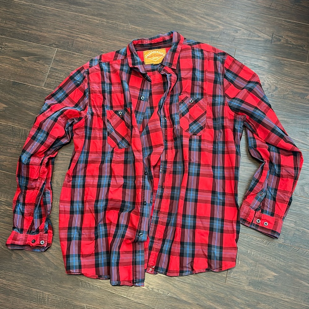 Red camel plaid button-down shirt